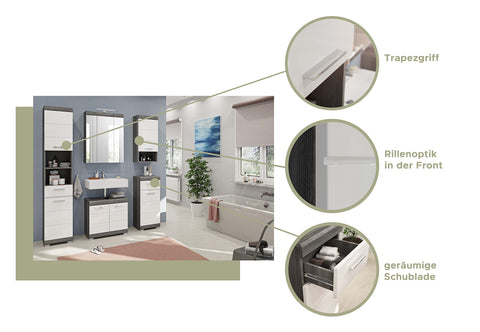 Rootz Wood Bathroom Furniture Set - White High-Gloss Vanity - Smoke Silver Mirror Cabinet - Timeless Design - Sustainable Materials - FSC Certified - Measurements: 120cm x 50cm x 60cm