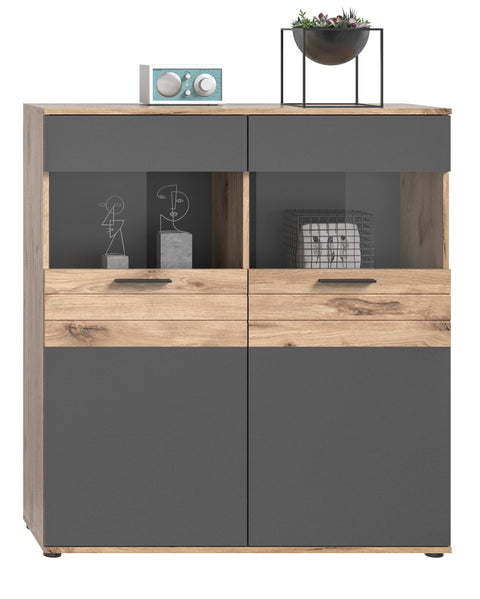Rootz MASON Display Cabinet - Glass Showcase - 2 Door Cabinet - Modern Design - Basalt Gray - Nox Oak - 110cm x 122cm x 37cm