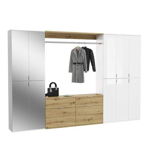 Rootz 4-Piece Wardrobe Combination - White Gloss/Mirror - Artisan Oak - Storage - 273cm x 193cm x 34cm