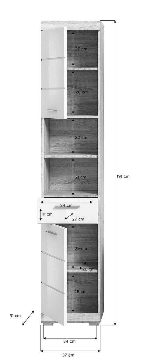 Rootz Lambada Tall Cabinet - Bathroom Storage - Wood Material - Sonoma Oak - Modular Design - 37cm x 191cm x 31cm