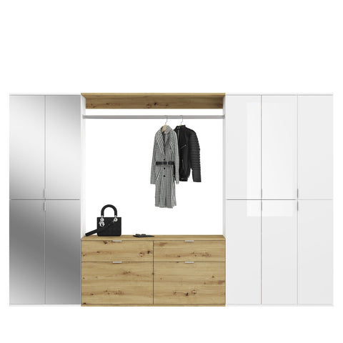 Rootz 4-Piece Wardrobe Combination - White Gloss/Mirror - Artisan Oak - Storage - 273cm x 193cm x 34cm