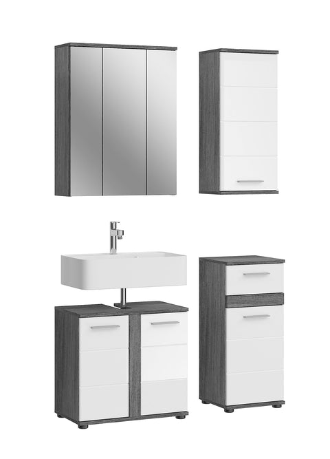 Rootz 4 Piece Set Bathroom Furniture - Wood Material - White High-Gloss Front - Smoked Silver Finish - Timeless Design - FSC Certified - 70cm x 60cm x 75cm
