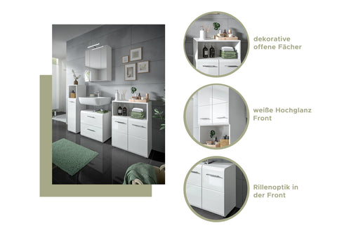 Rootz White High Gloss Sink Base Cabinet - Bathroom Vanity - Wood Vanity Unit - Under Sink Storage - 60cm x 54cm x 32cm - FSC Certified Wood