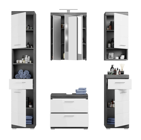 Rootz Bathroom Furniture Set - Wood Material - White High-Gloss Front - Smoke Silver Replica Body - Modular Design - FSC Certified - 5 Piece Set - Easy to Clean - Space Saving - Dimensions: Varied
