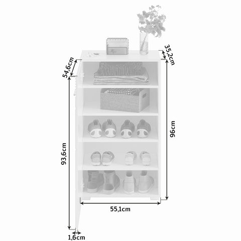 Rootz LINUS Shoe Cabinet - White Shoe Organizer - Hallway Shoe Storage - High Gloss Front - 37cm x 55cm x 96cm