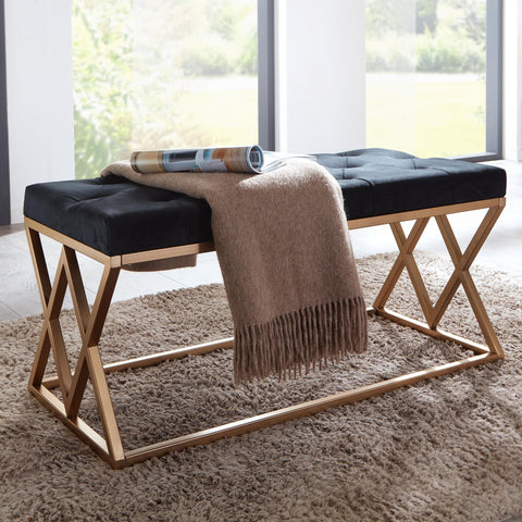 Rootz Modern Upholstered Bench - Stylish Bench - Chesterfield Pattern - Gold Frame - Handmade - Velvet Seat - 90cm x 46cm x 44cm