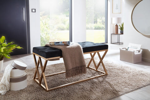 Rootz Modern Upholstered Bench - Stylish Bench - Chesterfield Pattern - Gold Frame - Handmade - Velvet Seat - 90cm x 46cm x 44cm