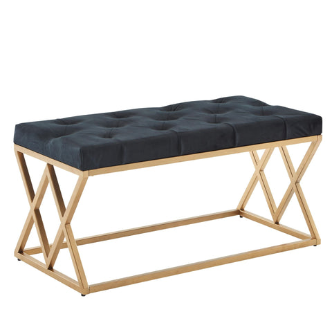 Rootz Modern Upholstered Bench - Stylish Bench - Chesterfield Pattern - Gold Frame - Handmade - Velvet Seat - 90cm x 46cm x 44cm