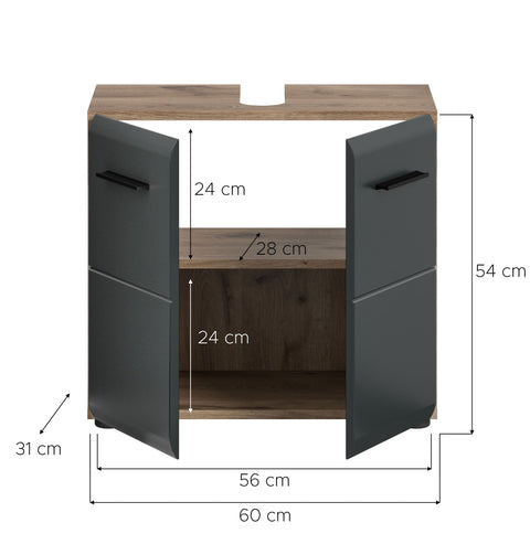 Rootz Washbasin Base Cabinet - Vanity Unit - Under Sink Storage - High-Quality MDF - 60 x 54 x 30 cm - Black and Brown