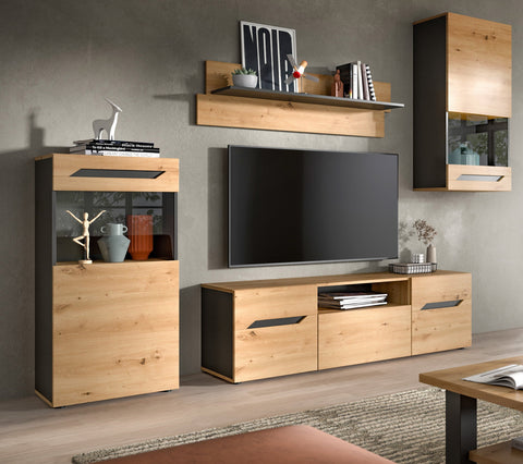 Rootz Artisan Brown Wall Unit - Display Cabinet - Lowboard - Ample Storage - 253x196x40cm