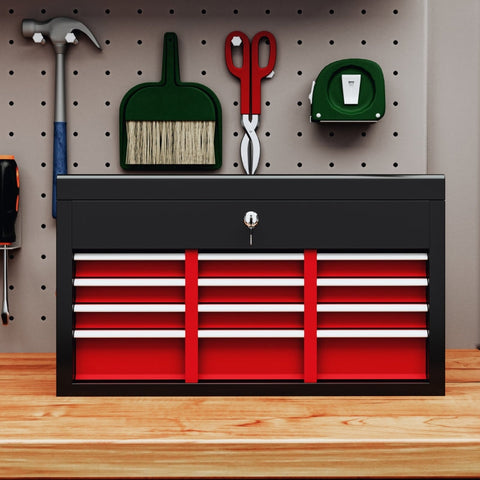 Rootz Tool Box - Lockable Storage - 3 Drawer Organizer - Durable Steel - Efficient Tool Management - 60cm x 26cm x 34cm - Red+Black