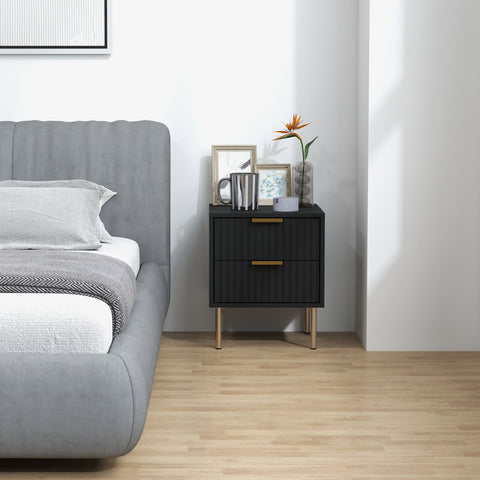 Rootz Bedside Table - Grooved Side Table - 2 Drawer Nightstand - Luxury Gold Handles - 40x39x48cm - Elegant Black with Steel Legs