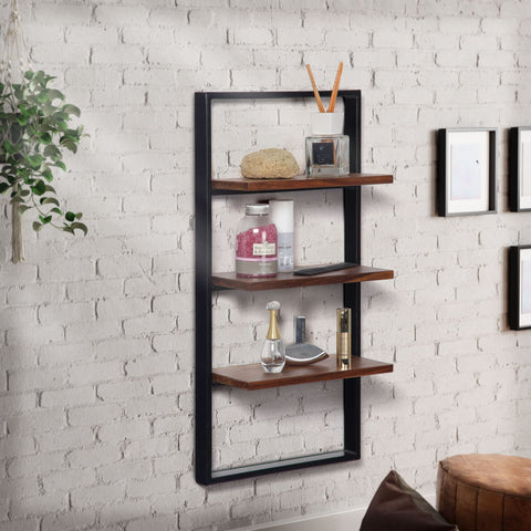 Rootz Modern Industrial Style Wall Shelf - Floating Shelf - Solid Wood - Metal Frame - Handmade - Three Storage Areas - 35cm x 70cm x 15cm