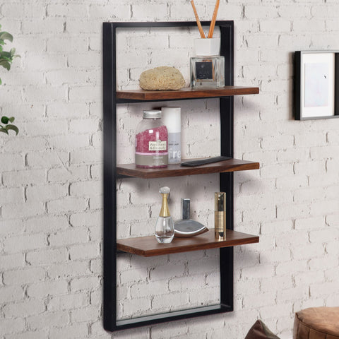 Rootz Modern Industrial Style Wall Shelf - Floating Shelf - Solid Wood - Metal Frame - Handmade - Three Storage Areas - 35cm x 70cm x 15cm