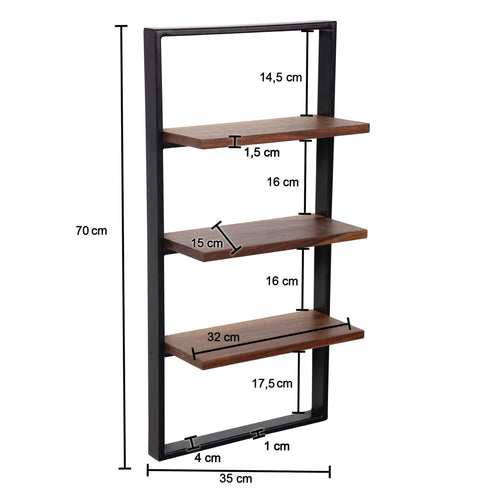 Rootz Modern Industrial Style Wall Shelf - Floating Shelf - Solid Wood - Metal Frame - Handmade - Three Storage Areas - 35cm x 70cm x 15cm
