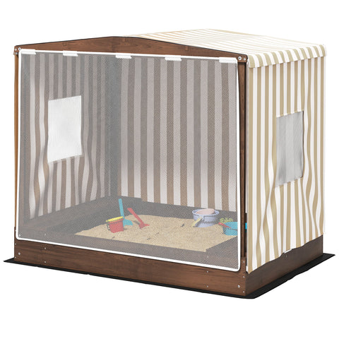 Rootz Sandpit with Canopy - Kids Play Sandbox - Childrens Play Sandpit - Benches & Storage - Protects from Sun & Mosquitoes - Brown - 142cm x 101.5cm x 131cm