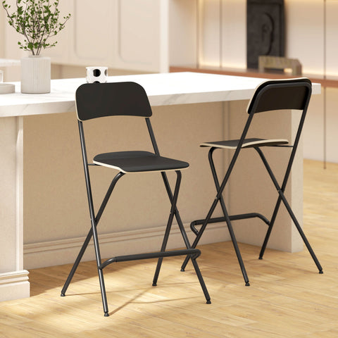 Rootz 2 Set Bar Stools - Foldable Bar Chairs - Black Kitchen Seating - Space-Saving Design - 52cm x 48cm x 96cm
