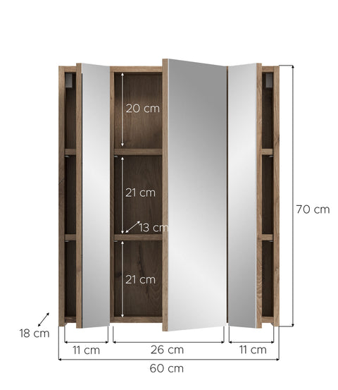 Rootz Mirror Cabinet - Bathroom Storage - Wall Cupboard - High-Quality MDF - 60x70x18cm - Grey and Brown