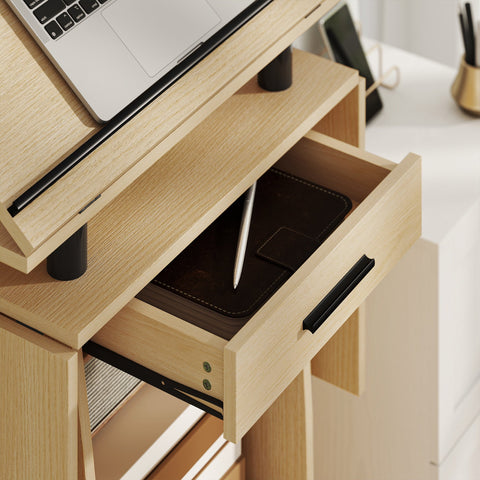 Rootz Rollable Panel Stand - Laptop Table - Standing Desk with Adjustable Wings - Brown Look - 126x37x136 cm - Enhances Workspace Efficiency