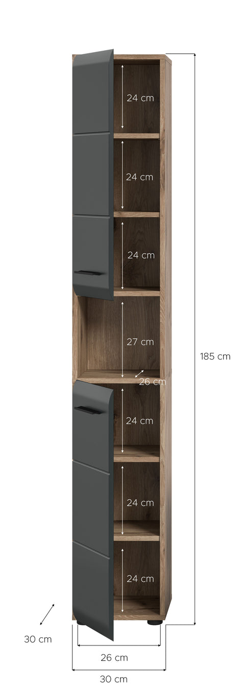 Rootz Tall Cabinet - Storage Unit - Organizer - Space-Saver - 2 Doors - 4 Removable Shelves - Black and Brown - 30x185x30cm