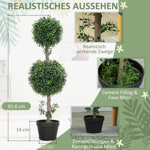 Rootz 2-Set Artificial Busic Plants - Faux Greenery - UV-Protected Topiary - Year-Round Beauty - Total Height 91.6cm, Pot Ø18 x 14h cm