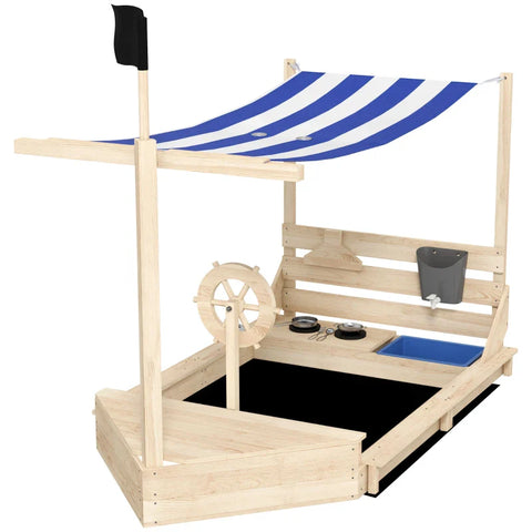 Rootz Zandbak - Piratenschip Zandbak - Speelkeukenset - Zonnescherm - Dennenhout - Natuurlijk hout - 180 X 103 X 144,5 Cm