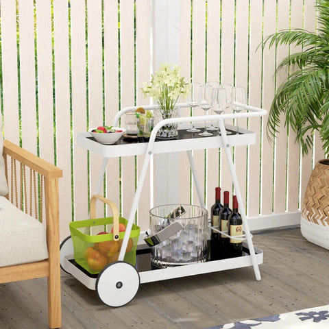 Rootz Outdoor Serving Trolley - Garden Cart - 2 Tier Wine Rack - Steel Frame - Tempered Glass - Black + White - 86.5 x 51 x 78 cm