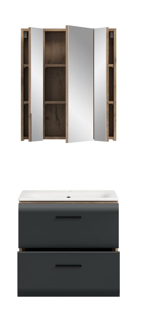 Rootz 3-Piece Bathroom Set - Vanity Combo - Storage Unit - Space Saving - 60x185x46cm -Black & Brown Finish