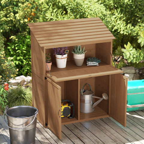 Rootz Garden Storage Cabinet - Outdoor Tool Shed - Fold-Out Table - Weatherproof - 110 x 54 x 136 cm - Fir Wood - Brown