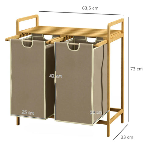 Rootz Laundry Basket - With 2 Laundry Bags - 1 Shelf - Bamboo - Drying Rack - Non-woven Fabric - Light Gray + Natural - 63.5 cm x 33 cm x 73 cm