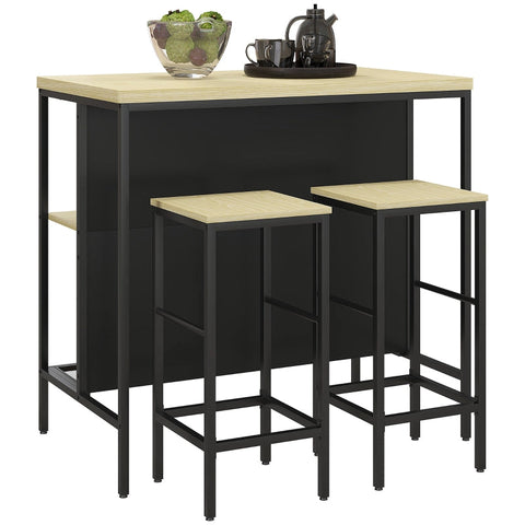 Rootz 3-Piece Bar Table Set - Bar Chairs - Pub Table - Stain Resistant - Space-Saving - Steel Frame - 100W x 60D x 95H cm (Table), 32W x 32D x 68H cm (Stool) - Black/Oak