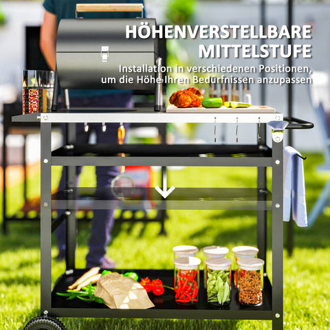 Rootz Grill Car - BBQ Serving Cart - Grill Table - Robust & Easy Clean Surface - Stainless Steel - 100x52x80cm Black, Grey