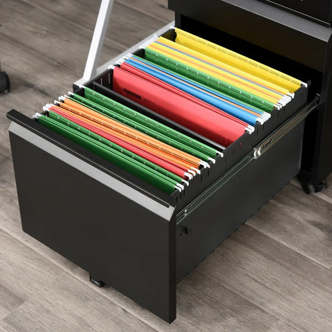Rootz Rolling Container - Filing Cabinet - 3 Drawers - 5 Wheels - Hanging File - Lockable - Steel - Black - 39 x 48 x 60 cm