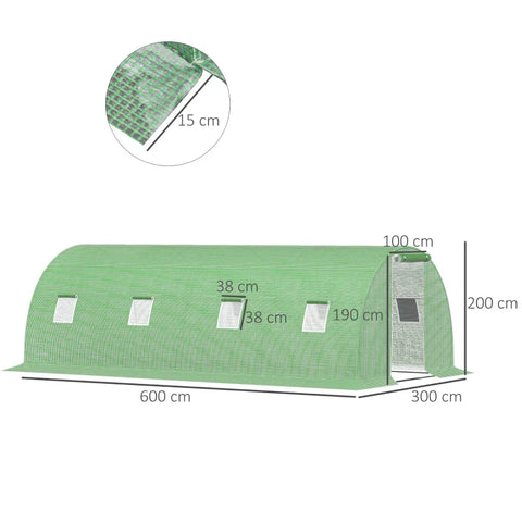 Rootz Greenhouse - Walk-in Film Greenhouse - 8 Windows with Fly Net - Heavy Duty - Steel Frame - Green - 6 x 3 x 2 m