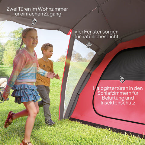 Rootz Tunnel Tent - Camping Tent - 4-6 Person Shelter - Water-Resistant - 6.15m x 2.35m x 1.95m - Grey and Red