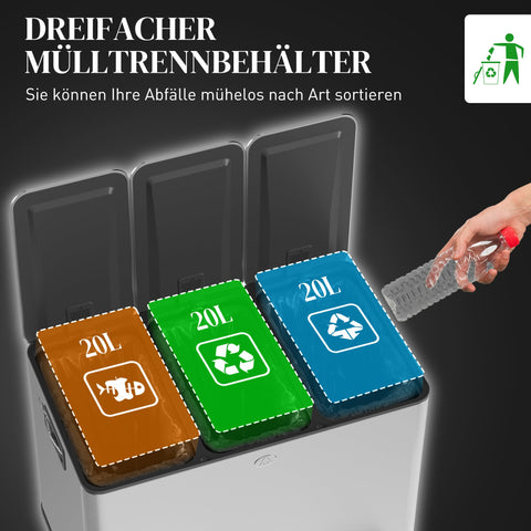 Rootz Trash Can 3 x 20L - Recycling Bin - Waste Separator - Odor Control - Soft Close, Removable, Silver, 61.9x36.6x56.7cm