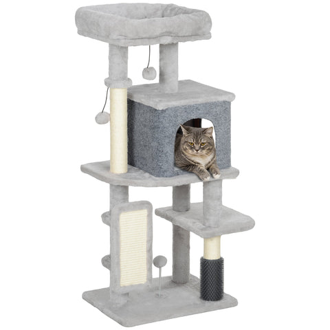 Rootz Scratching Post Cat Tower - Activity Center - Plush Bed - Protect Furniture - 44b x 34t x 104h cm - Grey