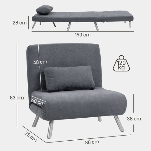 Rootz Upholstery Armchair with Bed Function - Sleeper Chair - Guest Sofa Bed - Versatile 3-in-1 Design - Velvet Fabric - 75cm x 80cm x 83cm - Grey