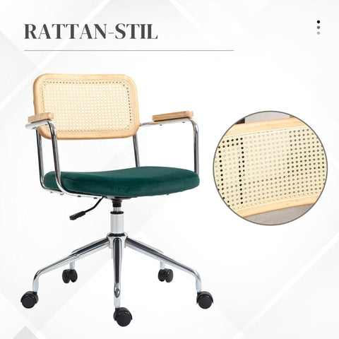 Rootz Boho Chic Office Chair - Desk Chair - Computer Chair - Faux Rattan Backrest - Velvet-Look Seat - High-Density Padding - 57cm x 57cm x 80-88cm