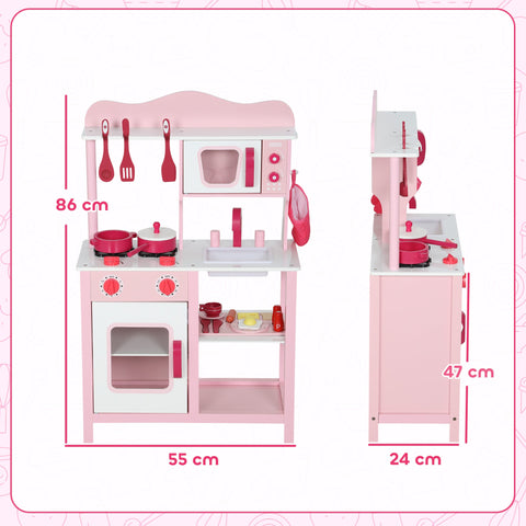 Rootz Children's Play Kitchen - Wooden Toy Kitchen - Pretend Cooking Set - Compact, Safe, Educational - 55x24x86cm - Pink