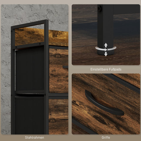 Rootz Chest of Drawers - Storage Cabinet - Industrial Style - Steel Frame - 98cm x 29cm x 63cm - Melamine Wood - Rustikalbraun