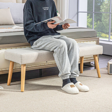 Rootz Upholstered Bench - Bedroom Bench - Window Seat - Thick Padding - Imitation Linen - Natural Wood Legs - 120cm x 41cm x 43cm