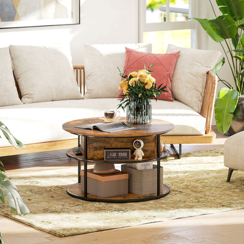 Rootz Round Coffee Table - Lifting Table Top - Storage Coffee Table - Space-Saving Design - Ø80cm x 47-61.5H cm - Brown