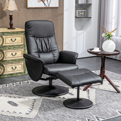 Rootz 2-piece Armchair Set - Armchair With Footstool - Relaxation Chair With Footstool - Height-adjustable - Tilting Backrest - Faux Leather - Black - 76W x 81D x 101H cm
