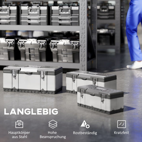 Rootz 3-Part Toolbox Set - Stainless Steel Storage - Portable Organizer - Durable & Shockproof - 39.5cm x 18.5cm x 17cm, 47cm x 23.8cm x 20.3cm, 58.2cm x 29.8cm x 25.5cm