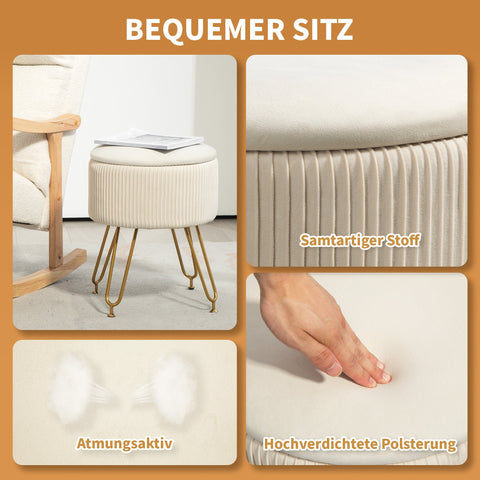 Rootz 2 in 1 Storage Stool - Footrest - Side Table - Space-saving, 13.5L Storage, Velvet Fabric, Ø40 x 48H cm