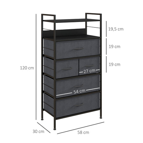 Rootz Chest of Drawers Storage Furniture - Fabric Cabinets - Steel Structure - Ample Space - 58L x 30B x 120H cm - Black