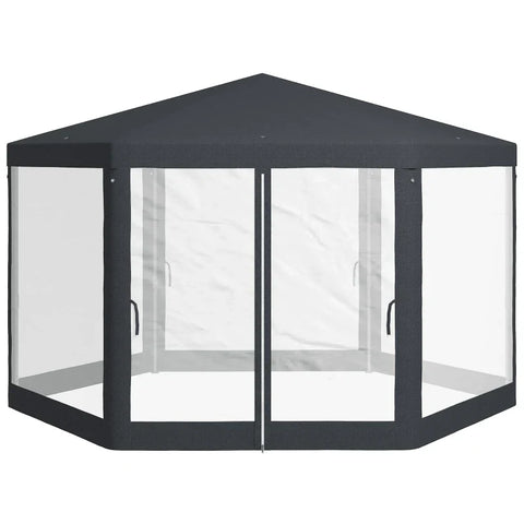 Rootz Gazebo - Garden Pavilion - Hexagonal - Ground Spikes - Mesh Curtains - Metal Frame - Polyester - Metal - Dark Gray - L394 x W341.2 x H250 cm