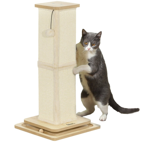 Rootz 3-in-1 Scratching Post - Cat Play Rail - Interactive Play Ball - Sisal-covered Post - MDF Base - 34L x 34W x 67H cm