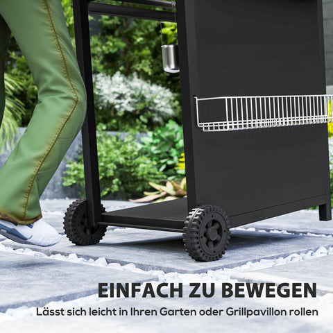 Rootz Gas Grill 9.5 kW - Outdoor BBQ - Griddle - 4 Burners, Side Cooker, Integrated Thermometer - 123 x 57 x 98 cm - Black